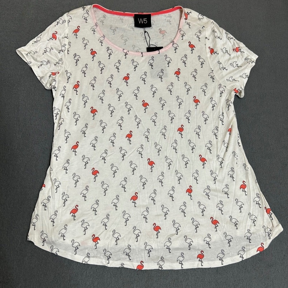 W5 T Shirt Womens Small White Flamingo Print Short Sleeve Scoop Neck Tee